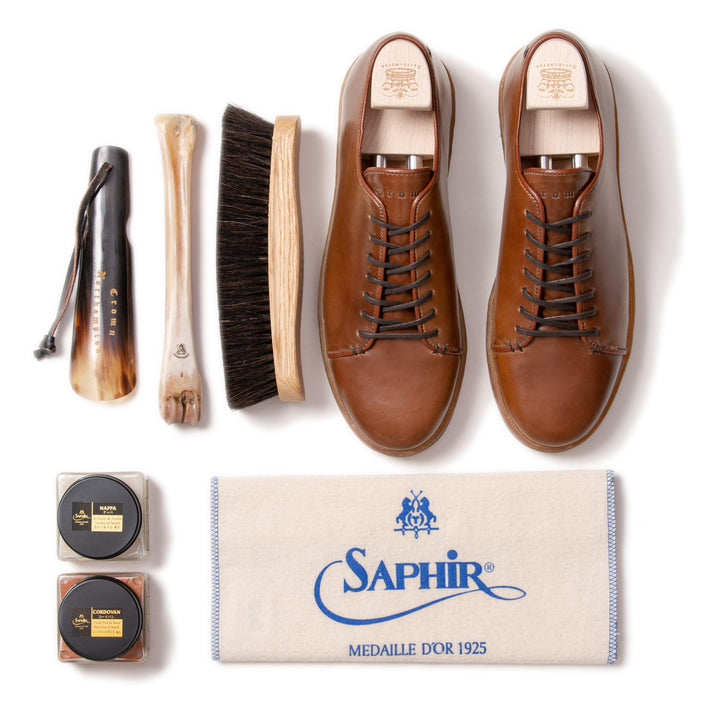 Harlestone Hand Stitch Derby - Horween Bourbon Shell Cordovan - Deluxe Care Pack - Crown Northampton
